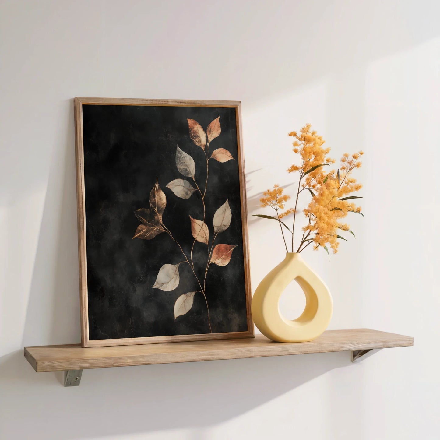 Copper Botanical Art Metallic Leaves Charcoal in room