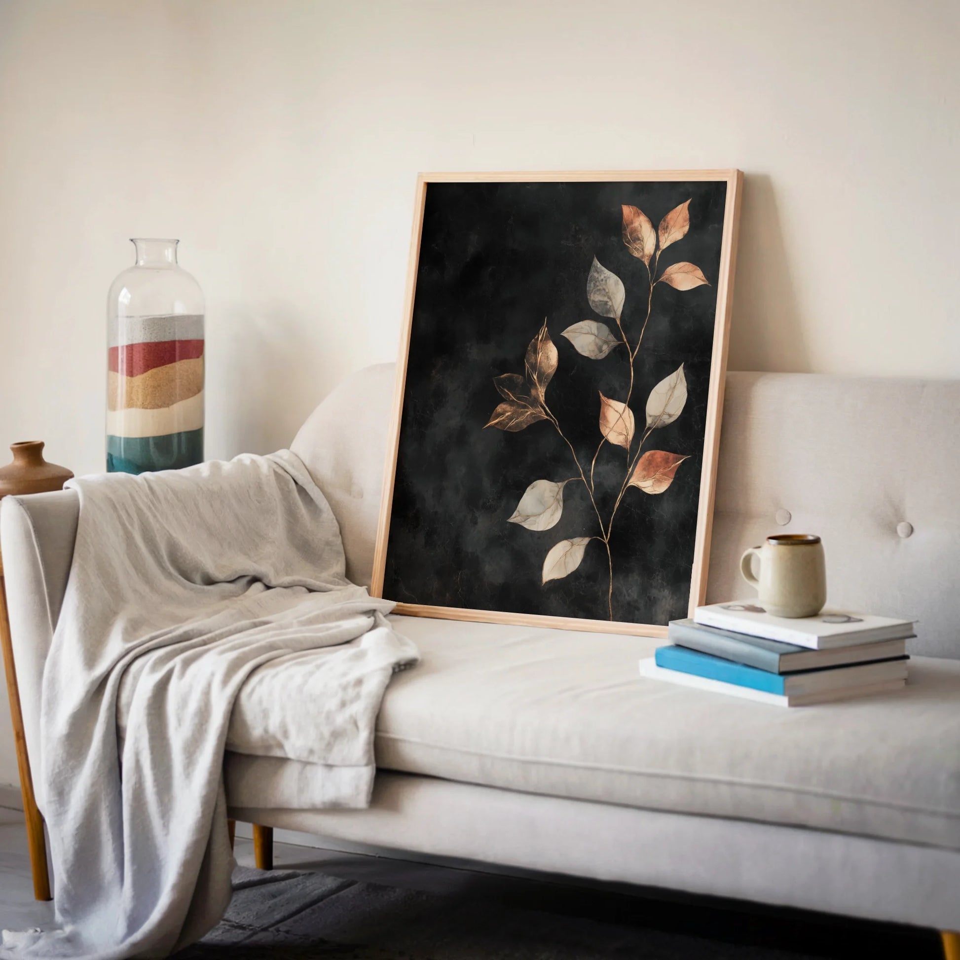 Copper Botanical Art Metallic Leaves Charcoal in room