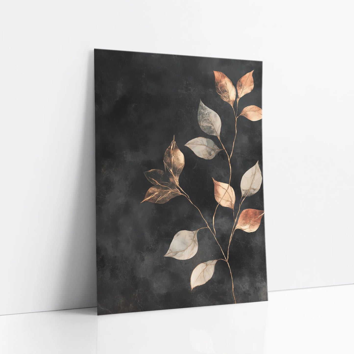 Copper Botanical Art Metallic Leaves Charcoal art print