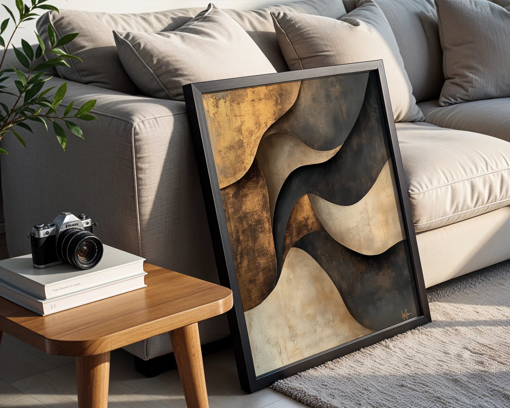 Bronze Metallic Layered Crescents Canvas Wall Art Dining Room — Textural artwork showing flowing semicircle shapes in warm copper hues styled in elegant modern interior design