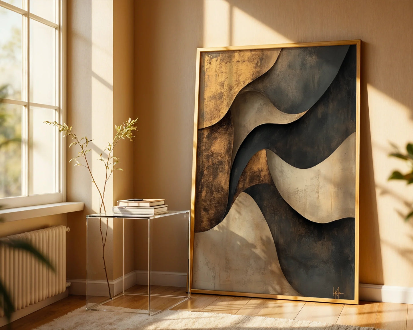 Bronze Metallic Layered Crescents Canvas Wall Art Dining Room — Sculptural canvas art with curved golden elements creating depth and movement in upscale transitional home styling