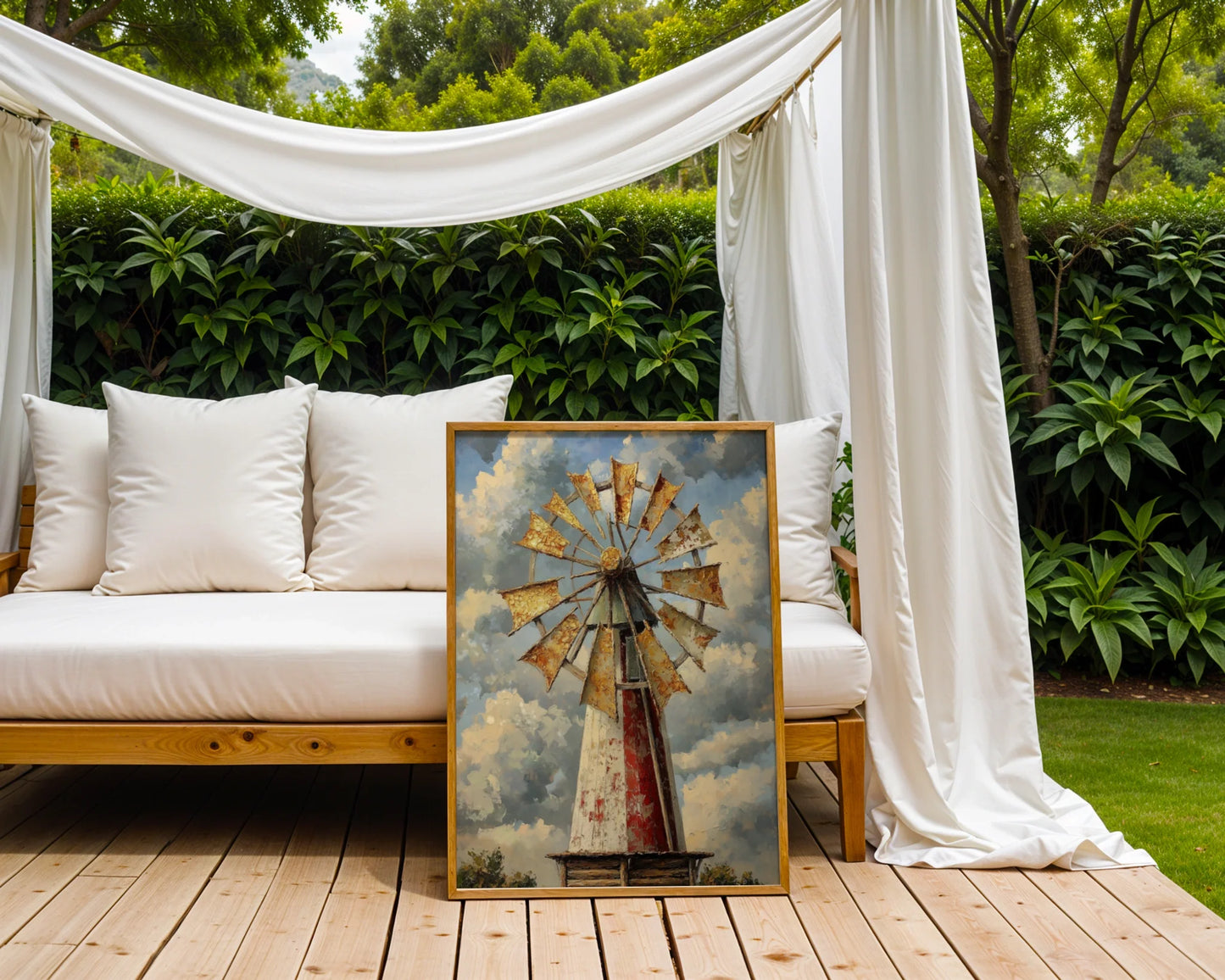 Rustic Windmill Prairie Storm Clouds Farmhouse Canvas Wall Art — Industrial windmill tower beneath dramatic skies showcased in minimalist farmhouse bedroom decor