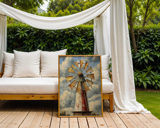 Rustic Windmill Prairie Storm Clouds Farmhouse Canvas Wall Art — Industrial windmill tower beneath dramatic skies showcased in minimalist farmhouse bedroom decor