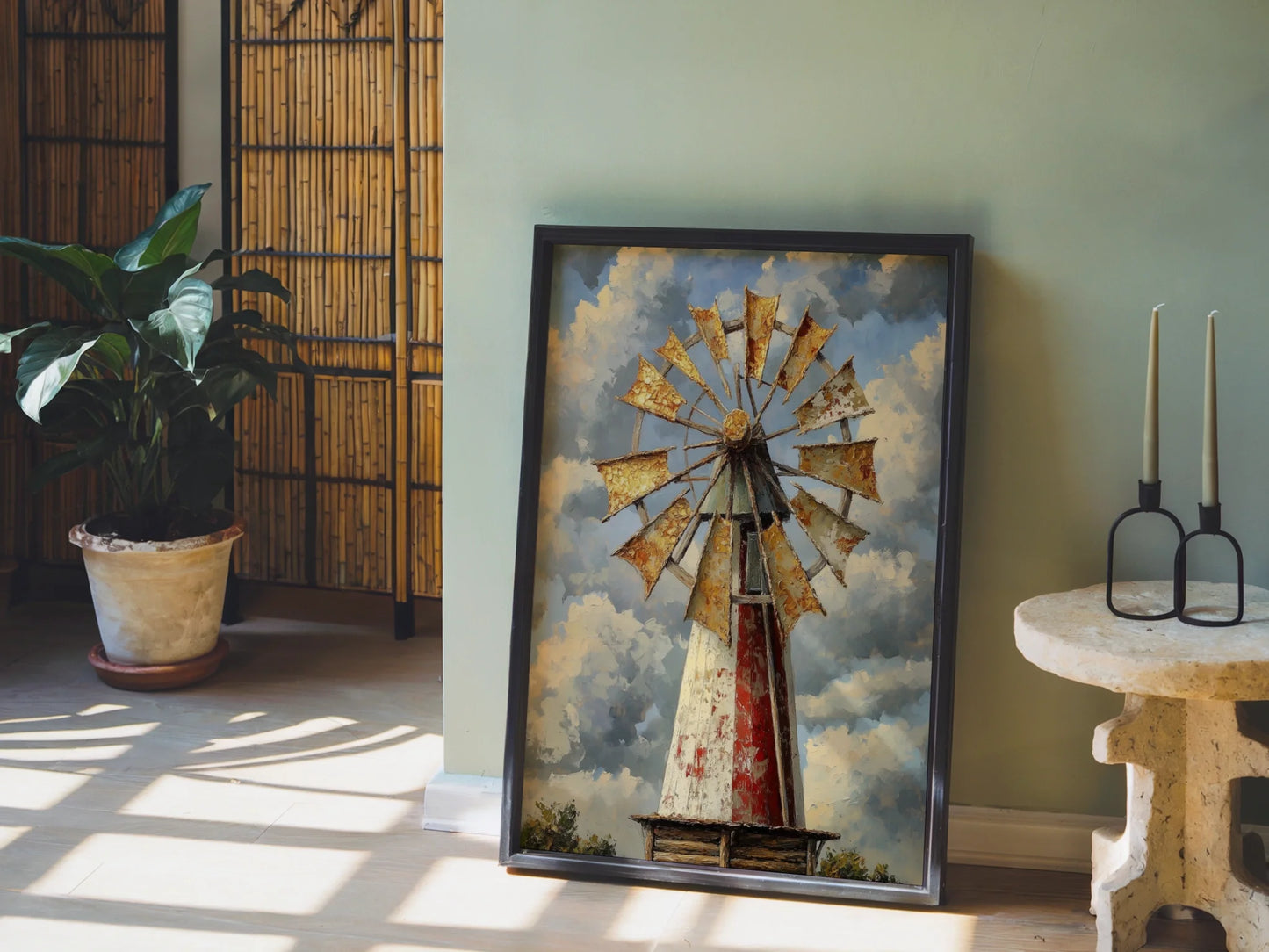 Rustic Windmill Prairie Storm Clouds Farmhouse in room