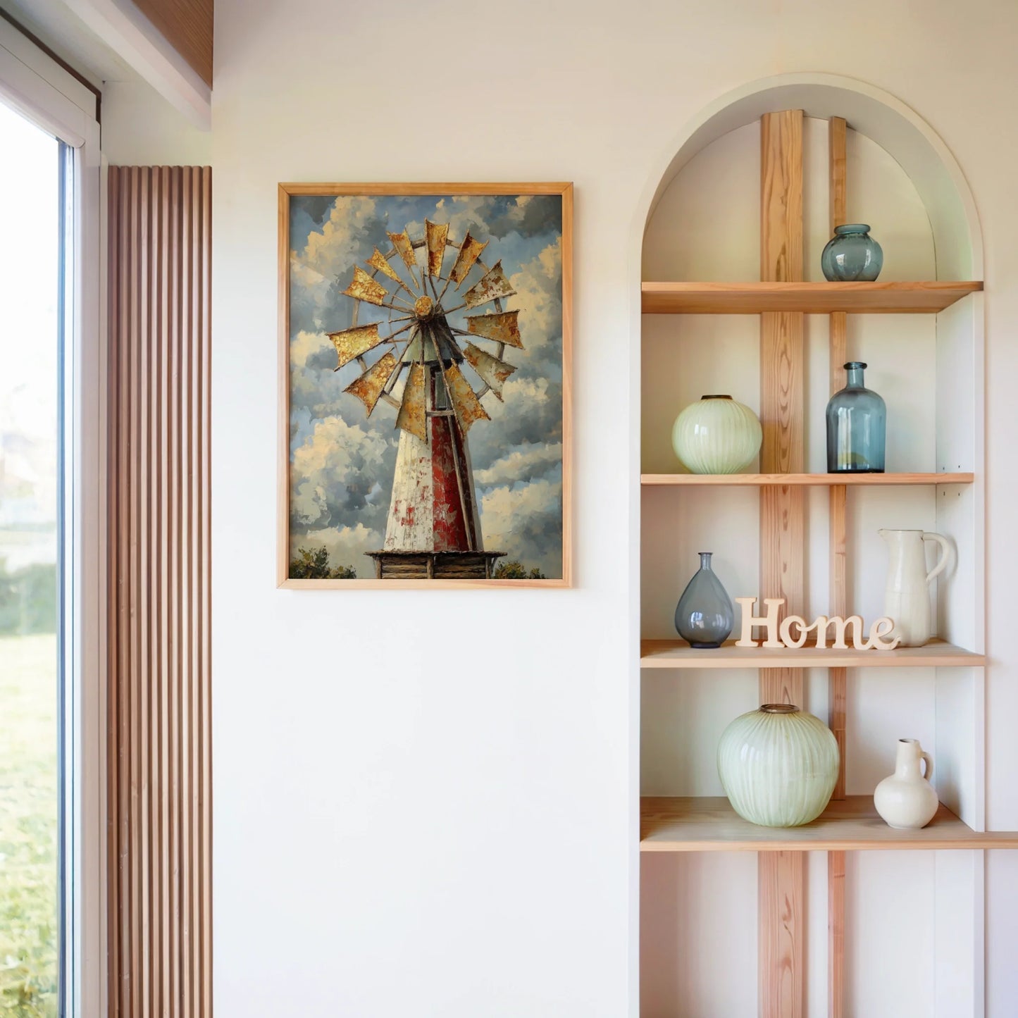 Rustic Windmill Prairie Storm Clouds Farmhouse Canvas Wall Art — Warm sienna and cream windmill artwork with rough textured brushstrokes for rustic interiors