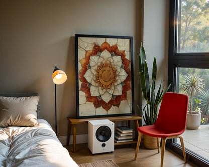 Lotus Mandala Sacred Geometry Cracked Temple Canvas Wall Art — Bohemian style canvas featuring blooming flower emerging from distressed stonework for eclectic decor