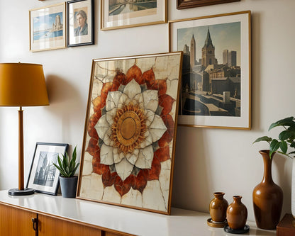 Lotus Mandala Sacred Geometry Cracked Temple Canvas Wall Art — Artisan-inspired print displaying historic shrine florals mounted in contemporary living space
