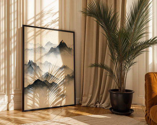 Minimalist Mountain Art Golden Summit Misty Peaks Canvas Print — Sleek Nordic-inspired canvas showcasing foggy mountain ridges for contemporary interior design
