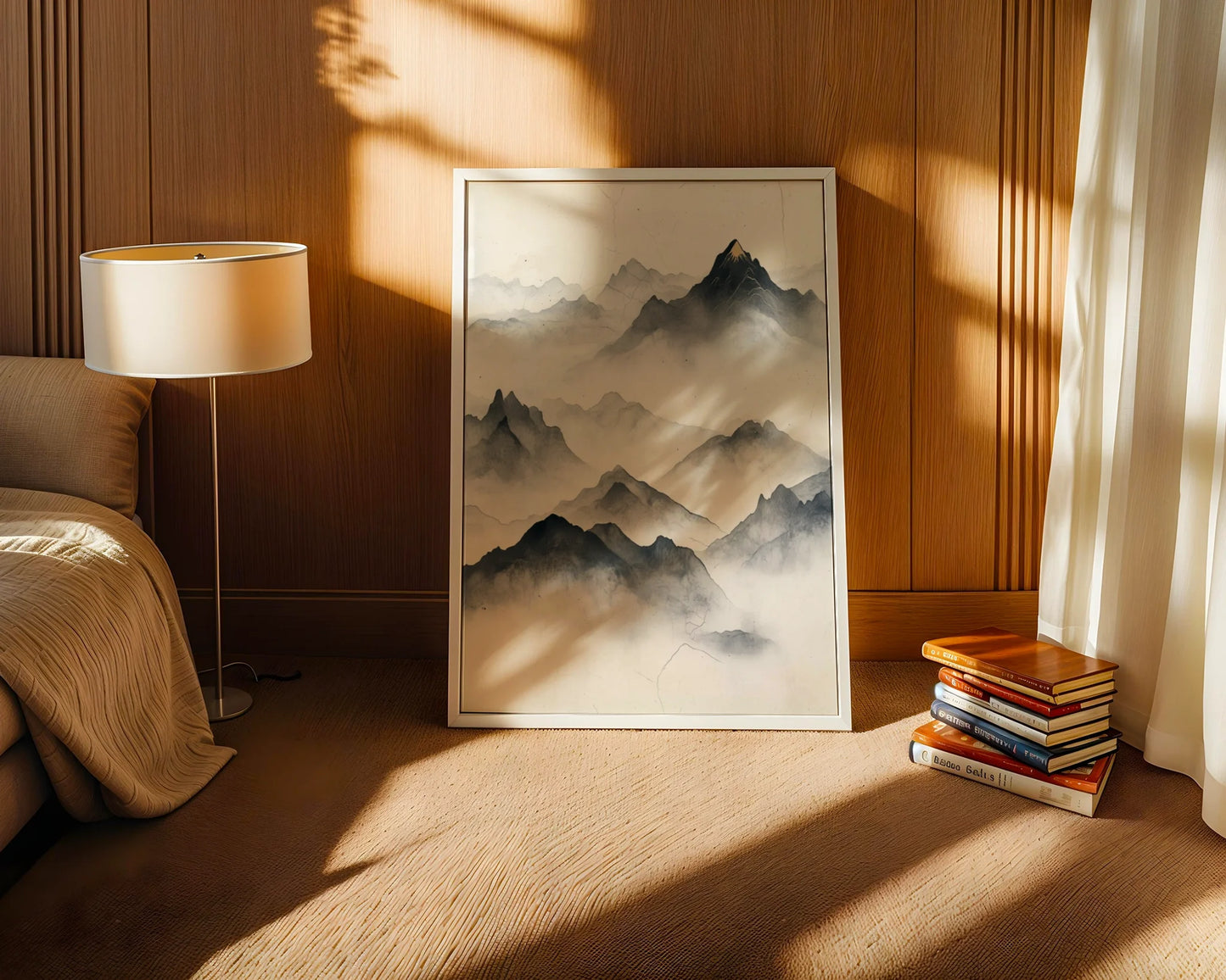 Minimalist Mountain Art Golden Summit Misty Peaks in room