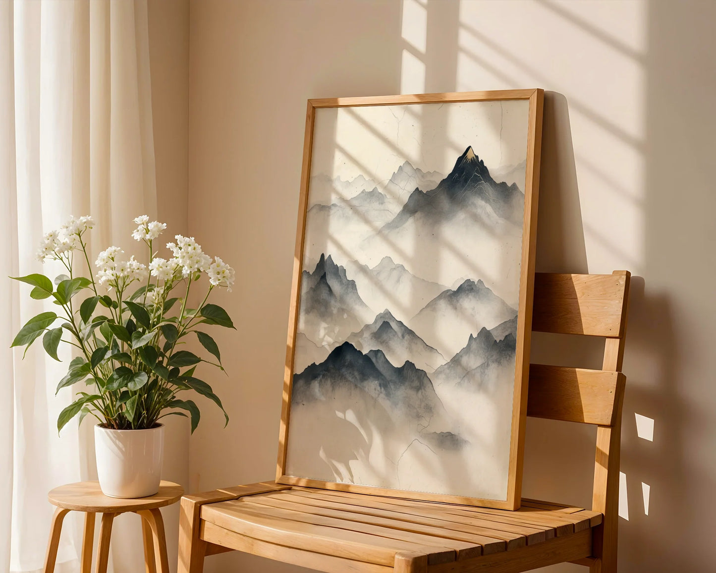 Minimalist Mountain Art Golden Summit Misty Peaks Canvas Print — Serene home accent displaying cascading ridge forms ideal for tranquil interior styling