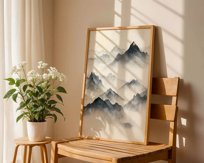 Minimalist Mountain Art Golden Summit Misty Peaks Canvas Print — Serene home accent displaying cascading ridge forms ideal for tranquil interior styling