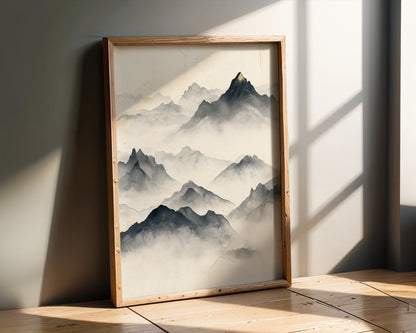 Minimalist Mountain Art Golden Summit Misty Peaks in room