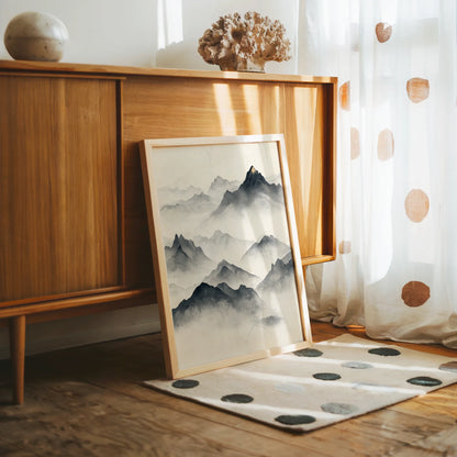 Minimalist Mountain Art Golden Summit Misty Peaks Canvas Print — Eastern-style print showing cloud-wrapped peaks perfectly suited for mindful home aesthetics