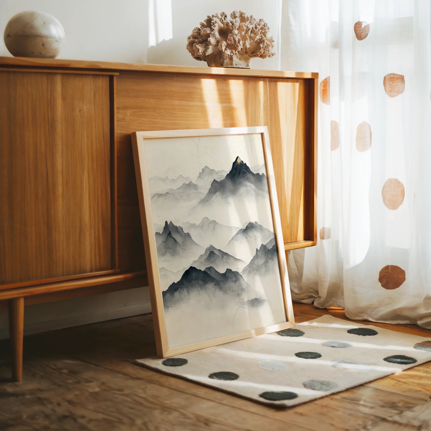Minimalist Mountain Art Golden Summit Misty Peaks in room