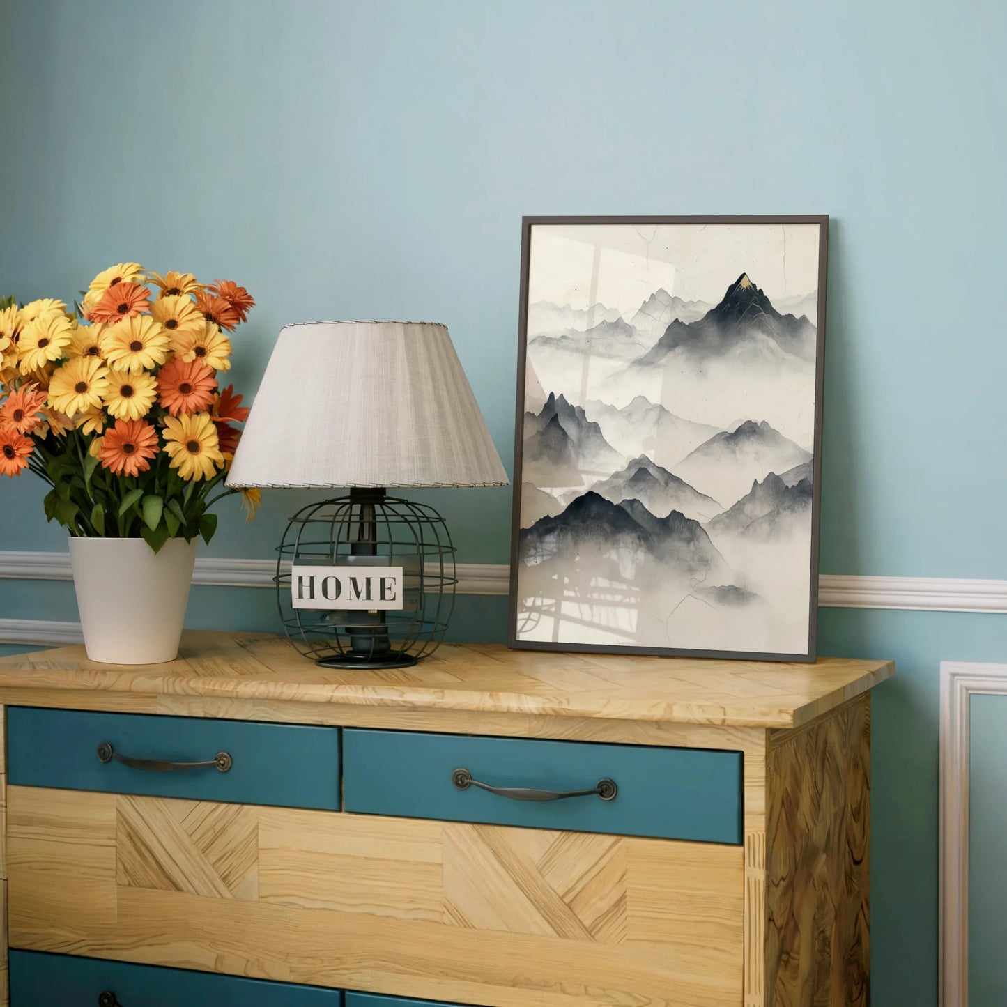 Minimalist Mountain Art Golden Summit Misty Peaks in room