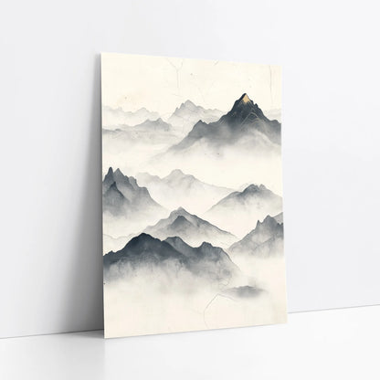 Minimalist Mountain Art Golden Summit Misty Peaks art print
