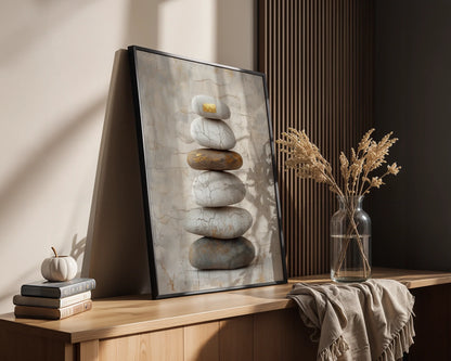 Stacked Stone Zen Cracked River Rocks Japandi Canvas Wall Art — Contemporary canvas featuring six weathered stone tower artwork displayed in scandinavian inspired home