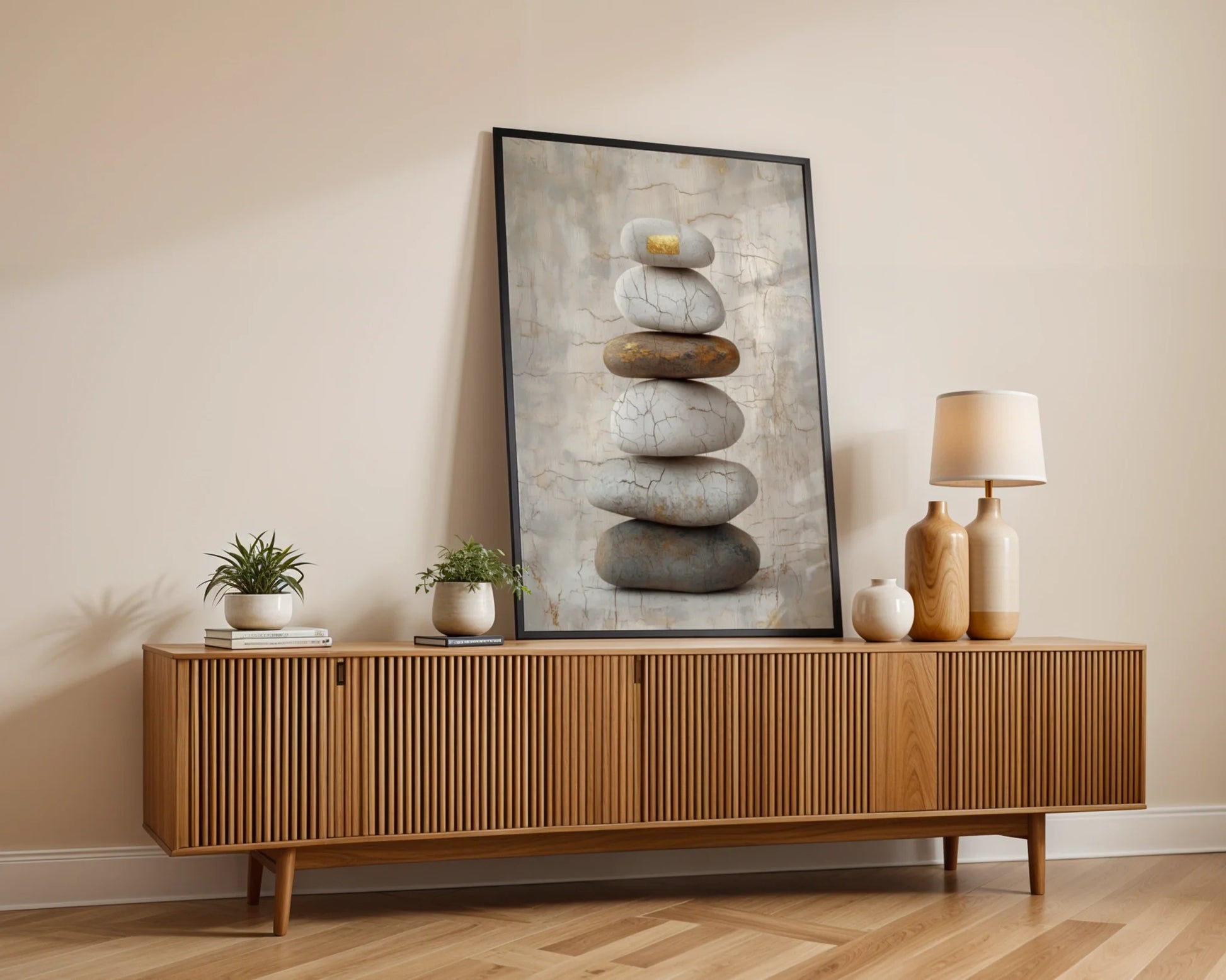 Stacked Stone Zen Cracked River Rocks Japandi Canvas Wall Art — Textured stone cairn artwork with golden highlights perfectly styled for modern wabi sabi decor