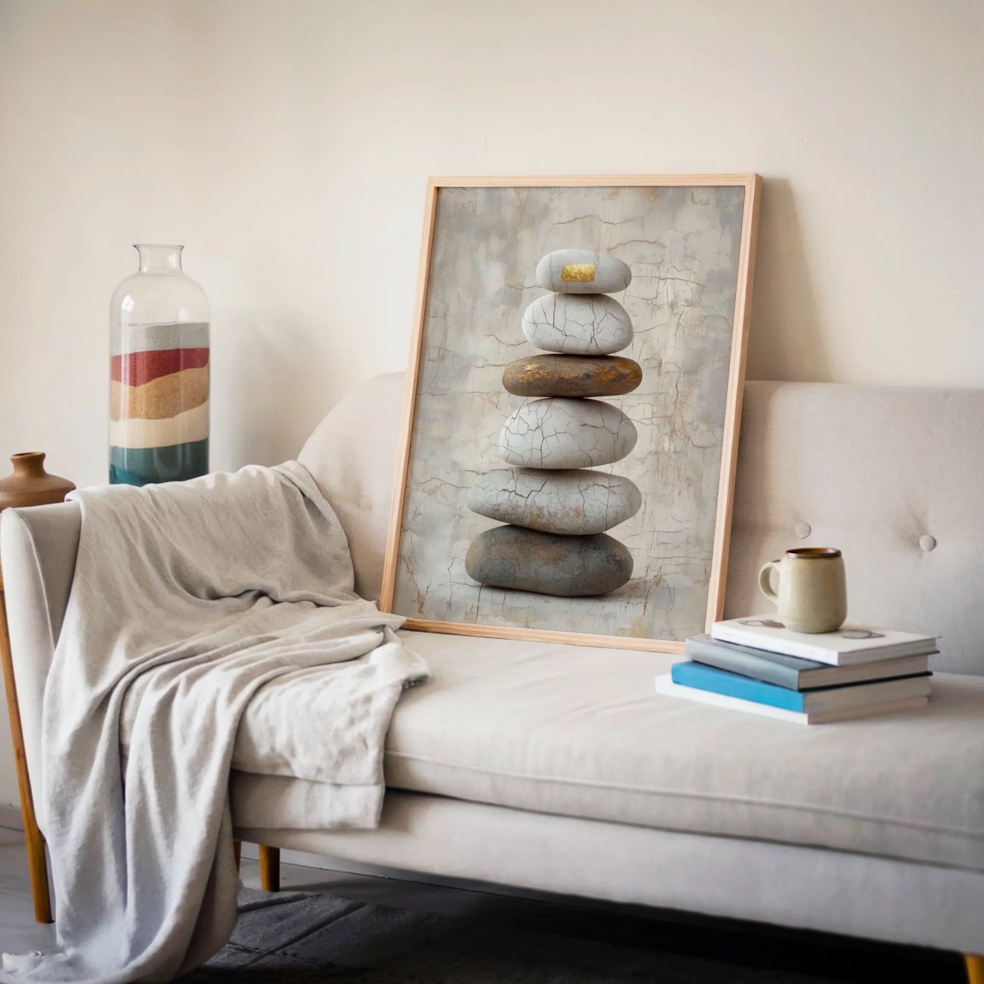 Stacked Stone Zen Cracked River Rocks Japandi Canvas Wall Art — Cream colored stone artwork with amber undertones displayed against white walls in nordic home