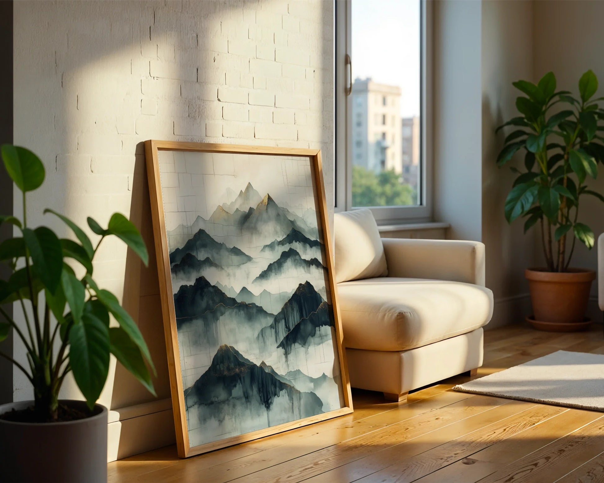 Large Mountain Watercolor Misty Peaks Japandi Canvas Wall Art — Serene ridges fade through soft clouds in this Scandinavian-inspired watercolor artwork for modern homes