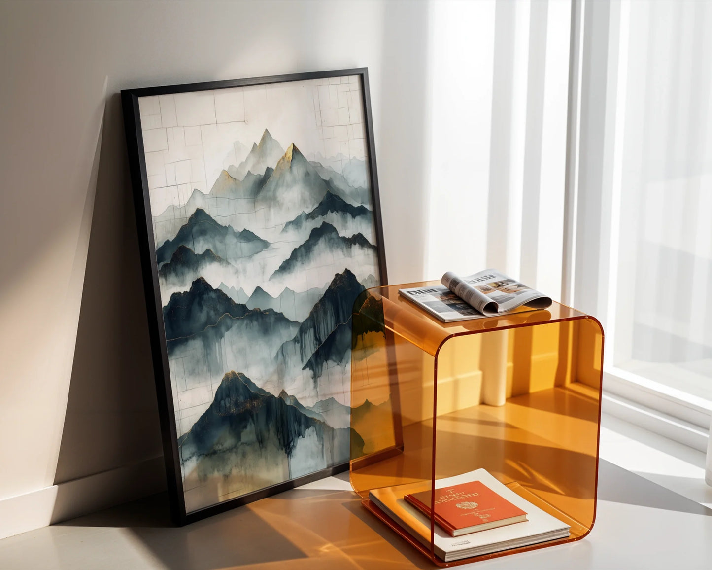 Large Mountain Watercolor Misty Peaks Japandi Canvas Wall Art — Delicate peaks dissolve into gentle haze creating calming Nordic-style interior design focal point