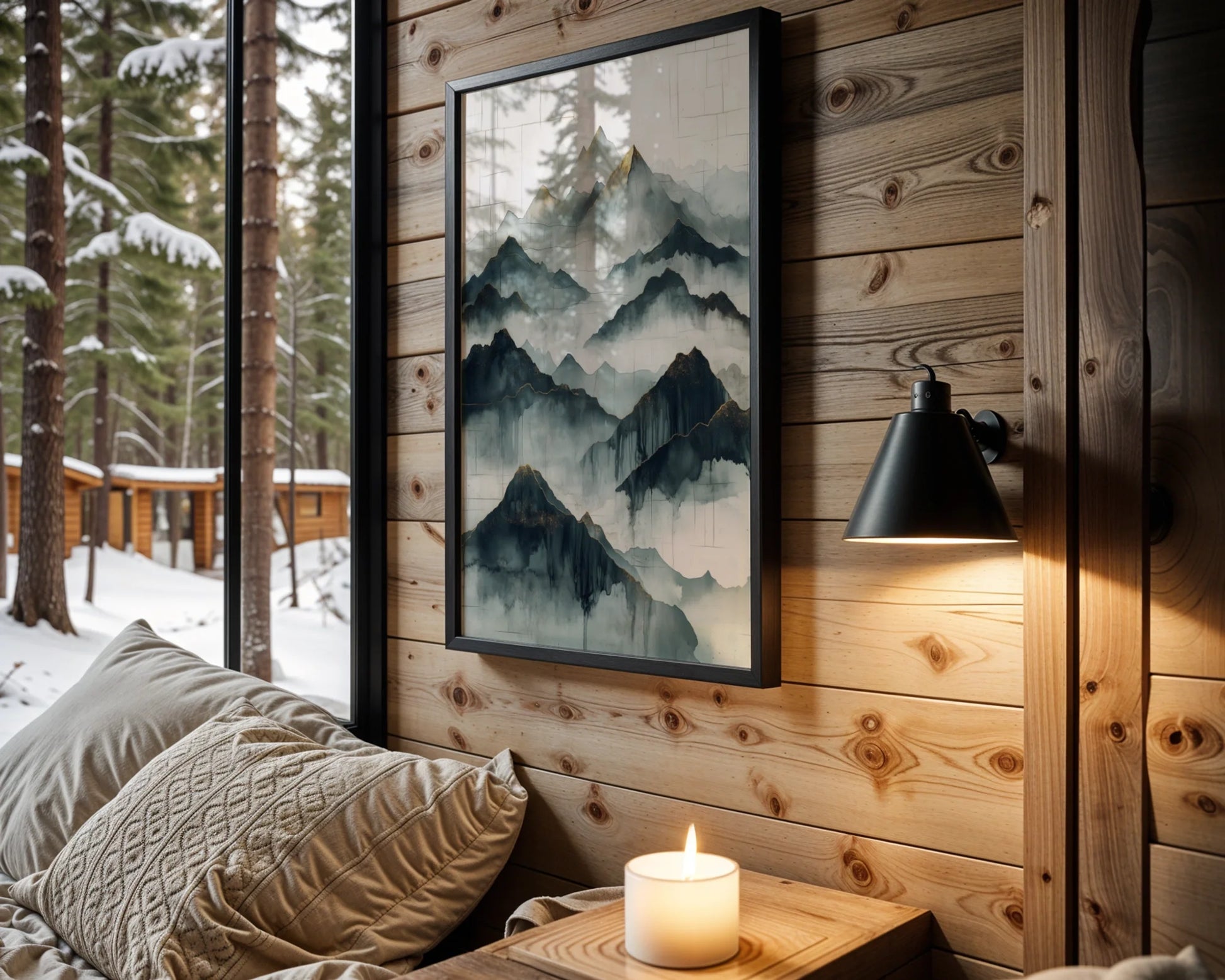 Large Mountain Watercolor Misty Peaks Japandi in room