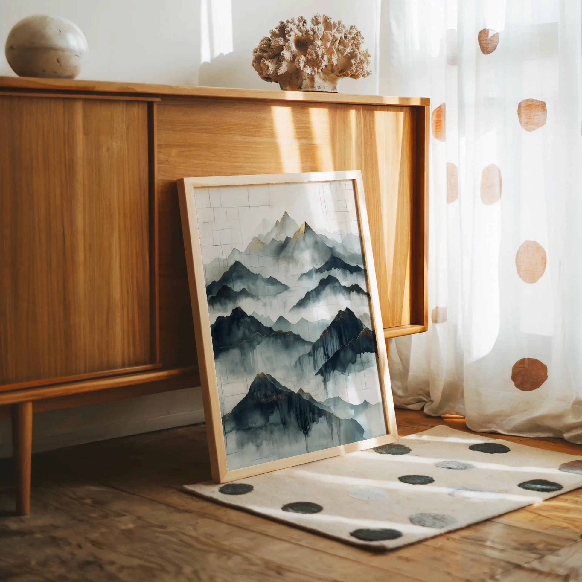 Large Mountain Watercolor Misty Peaks Japandi Canvas Wall Art — Soft alpine forms drift through ethereal veils bringing zen simplicity to modern interior spaces