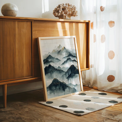 Large Mountain Watercolor Misty Peaks Japandi Canvas Wall Art — Soft alpine forms drift through ethereal veils bringing zen simplicity to modern interior spaces