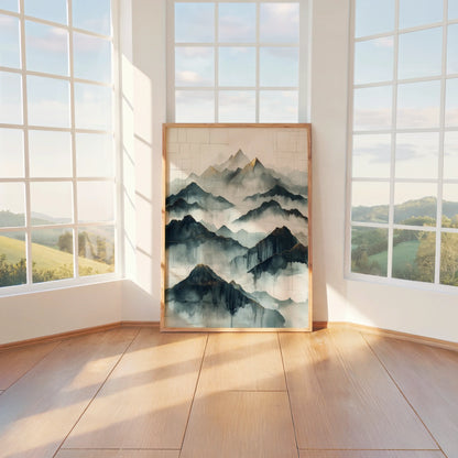 Large Mountain Watercolor Misty Peaks Japandi in room