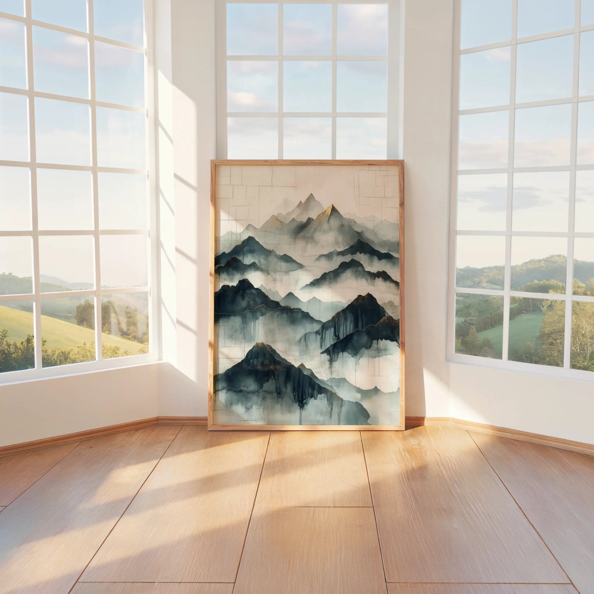 Large Mountain Watercolor Misty Peaks Japandi in room