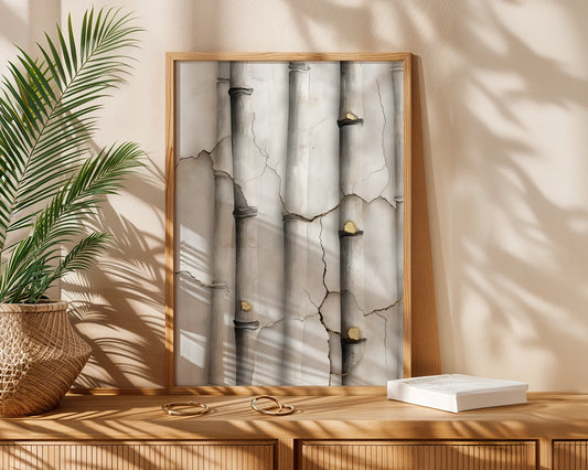 Cracked Marble Columns Golden Secrets Japandi Canvas Wall Art — Japanese-inspired canvas showcasing weathered pillars with golden highlights for contemporary home decor