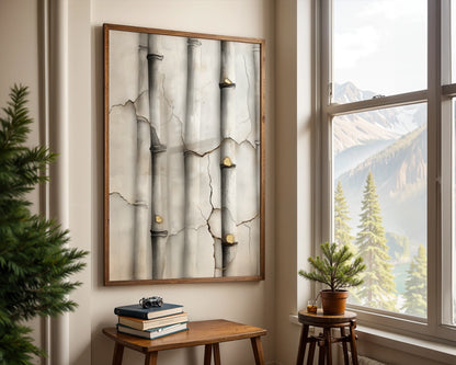Cracked Marble Columns Golden Secrets Japandi Canvas Wall Art — Zen canvas art featuring time-worn architectural elements displayed in serene minimalist interior