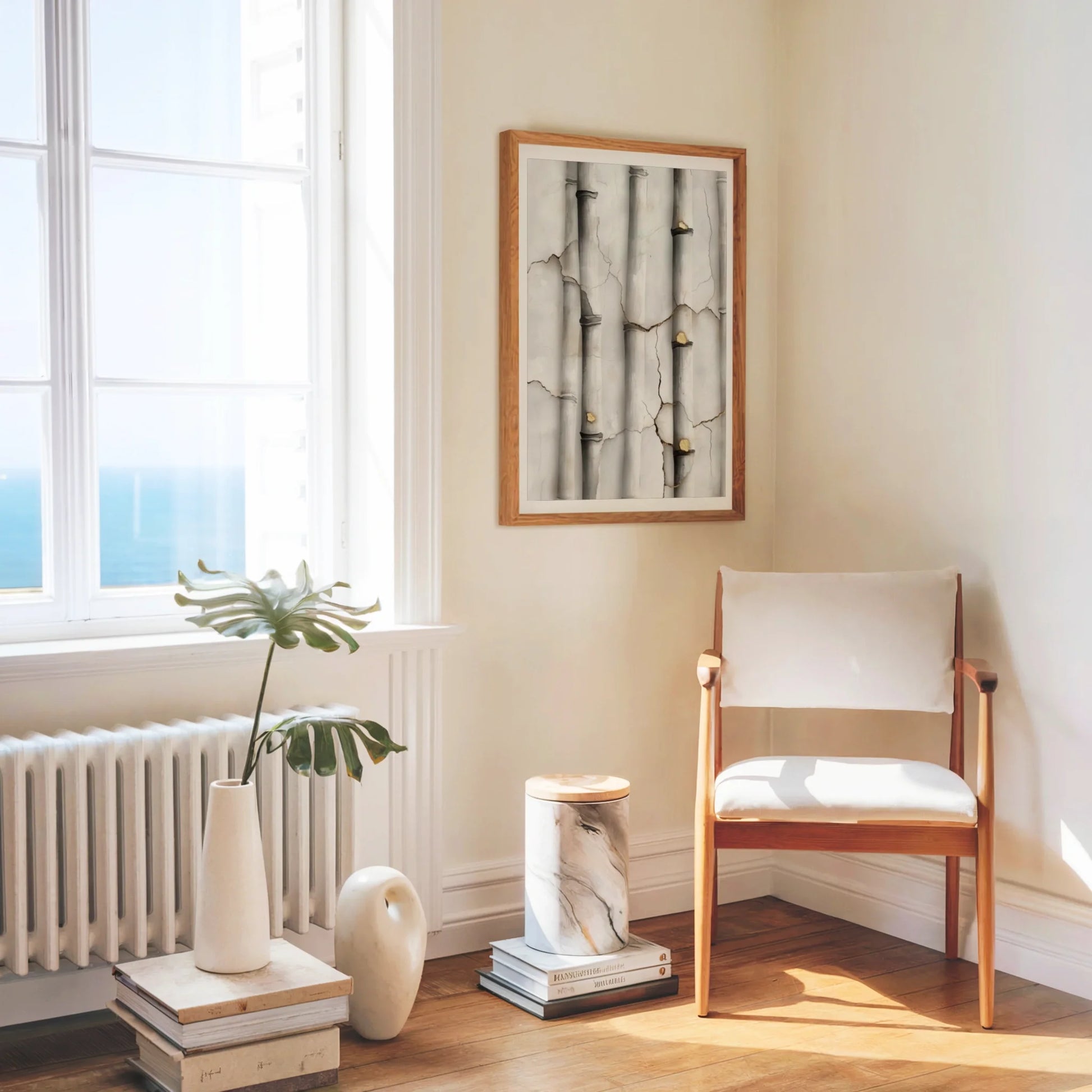 Cracked Marble Columns Golden Secrets Japandi Canvas Wall Art — Minimalist canvas displaying split stonework with exposed metallic veins for clean interior design