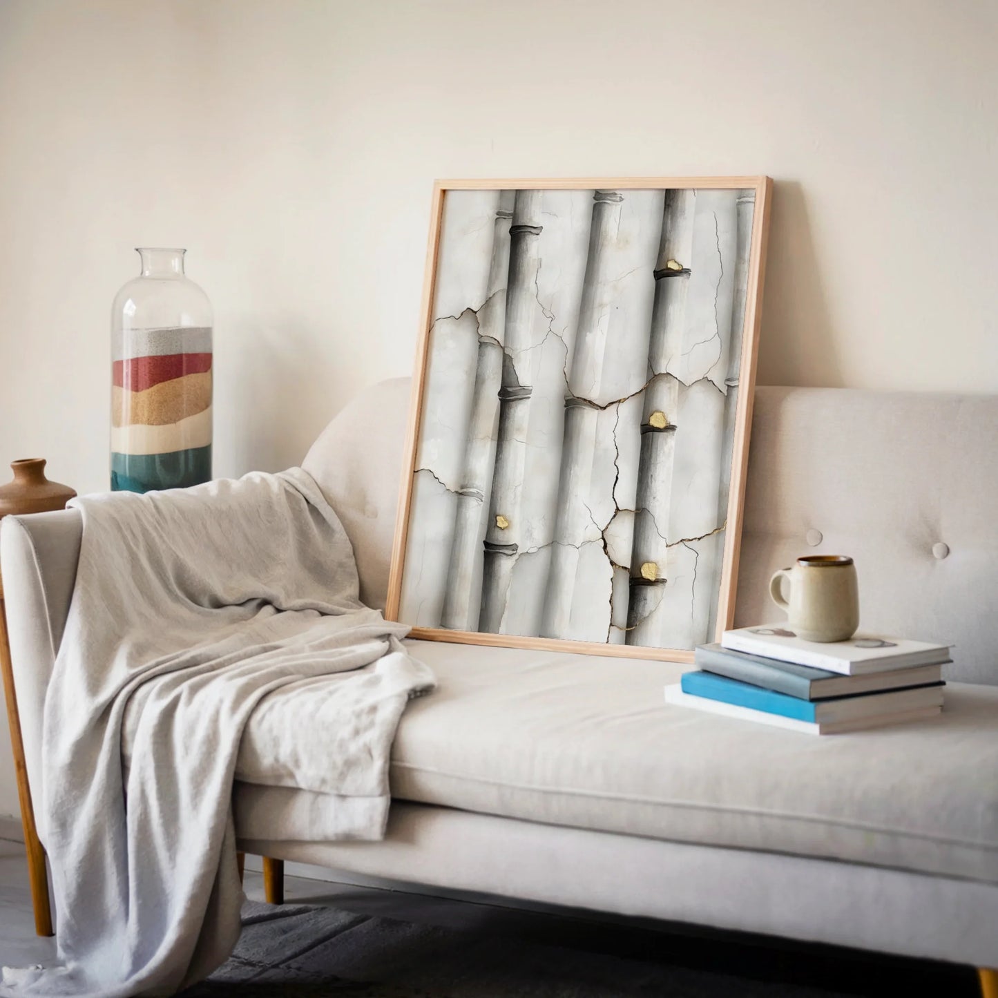 Cracked Marble Columns Golden Secrets Japandi Canvas Wall Art — Moonstone white canvas with charcoal undertones showing ancient pillar textures on living room wall