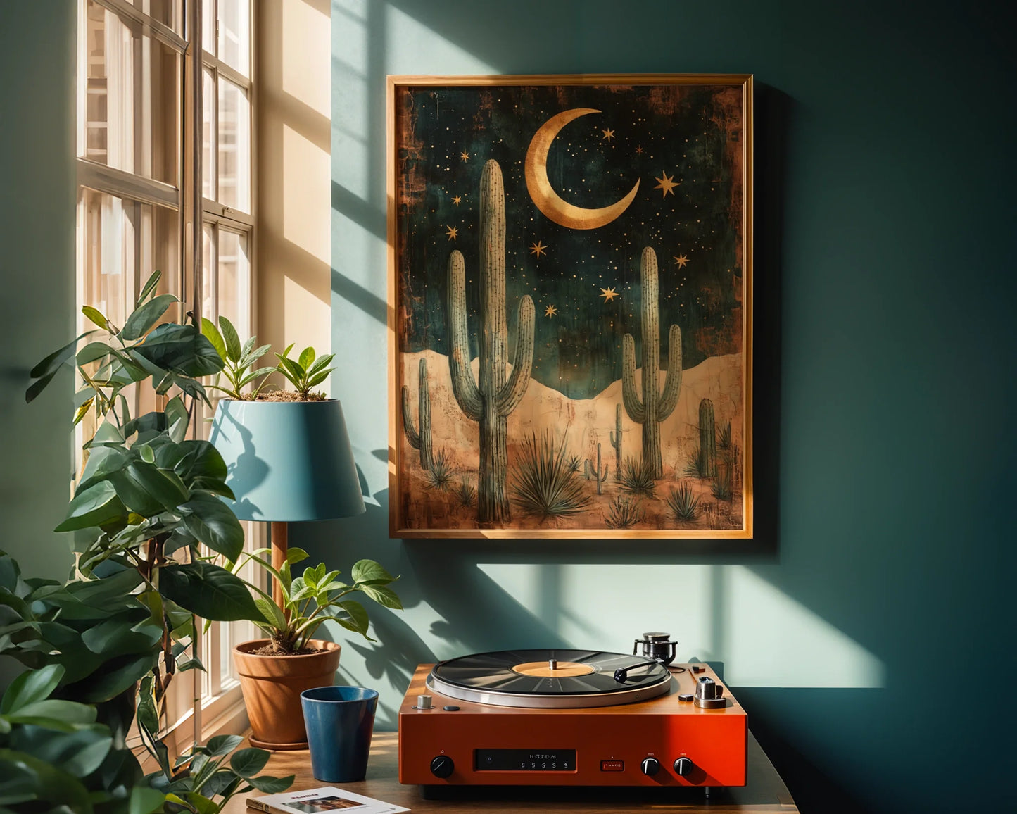 Desert Night Sky Saguaro Cactus Golden Moon in room