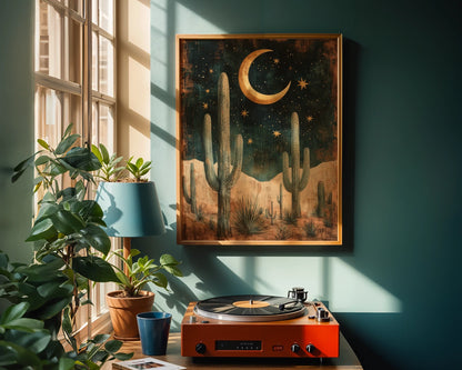 Desert Night Sky Saguaro Cactus Golden Moon in room