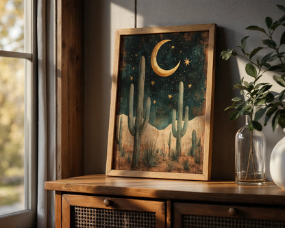 Desert Night Sky Saguaro Cactus Golden Moon Canvas Wall Art — Textured canvas displaying ancient desert guardians in moonlit silence for rustic home styling
