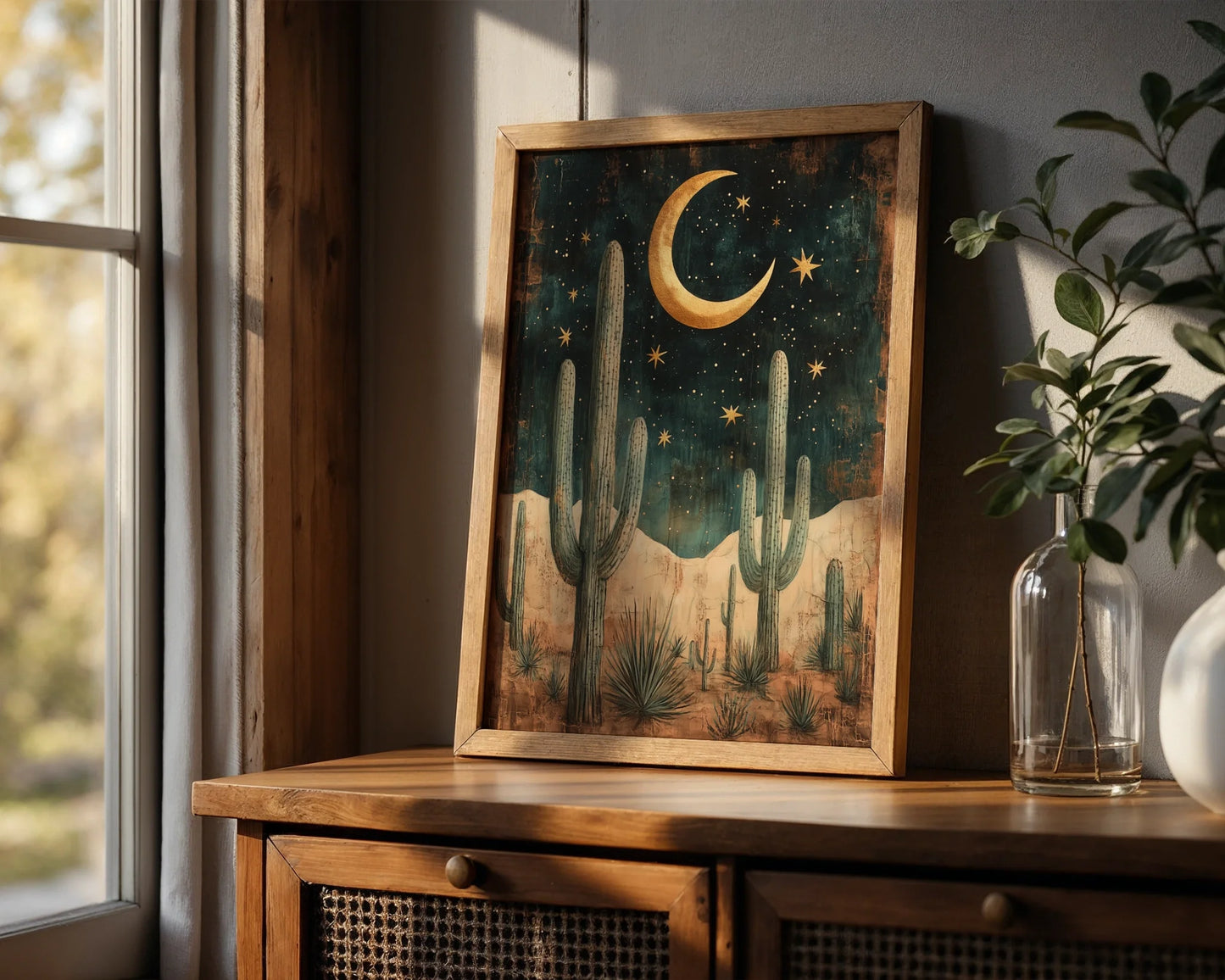 Desert Night Sky Saguaro Cactus Golden Moon in room