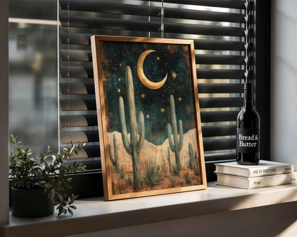 Desert Night Sky Saguaro Cactus Golden Moon Canvas Wall Art — Minimalist wall piece depicting twilight desert vista with celestial elements for chic spaces