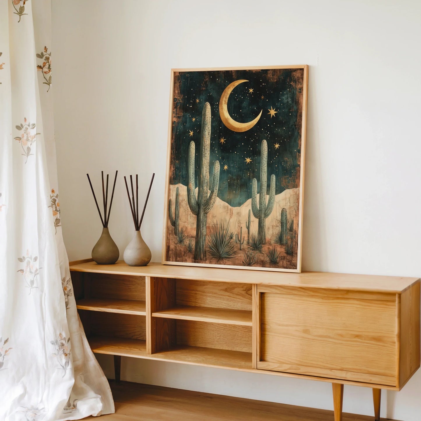 Desert Night Sky Saguaro Cactus Golden Moon Canvas Wall Art — Vintage-inspired canvas showing majestic desert flora beneath evening sky for eclectic decor