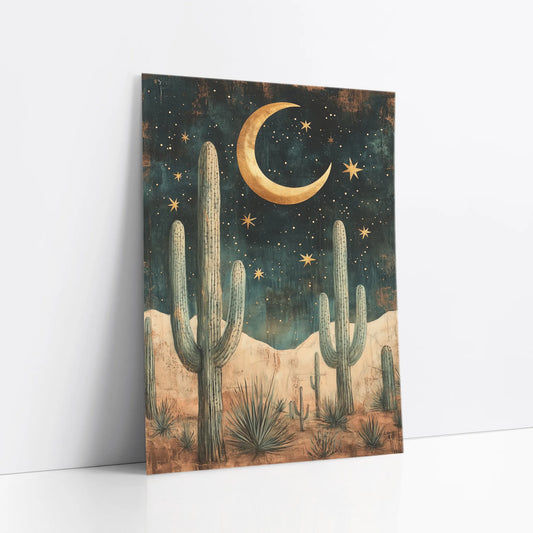 Desert Night Sky Saguaro Cactus Golden Moon art print