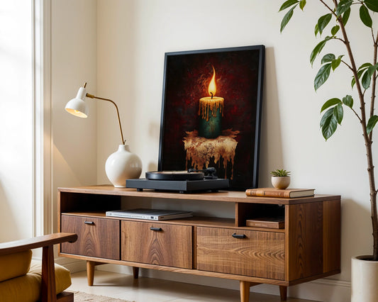 Melting Candle Artwork Gothic Flame Oil Canvas Wall Art — Scholarly aesthetic canvas showcasing luminous flame consuming wax in shadowy library setting