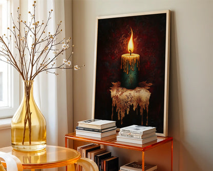 Melting Candle Artwork Gothic Flame Oil Canvas Wall Art — Monastery-style wall print displaying weathered candle melting through centuries-old atmosphere