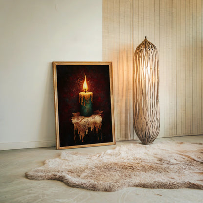 Melting Candle Artwork Gothic Flame Oil Canvas Wall Art — Classical era canvas art showing aged candle with pooling wax for antique-loving collectors