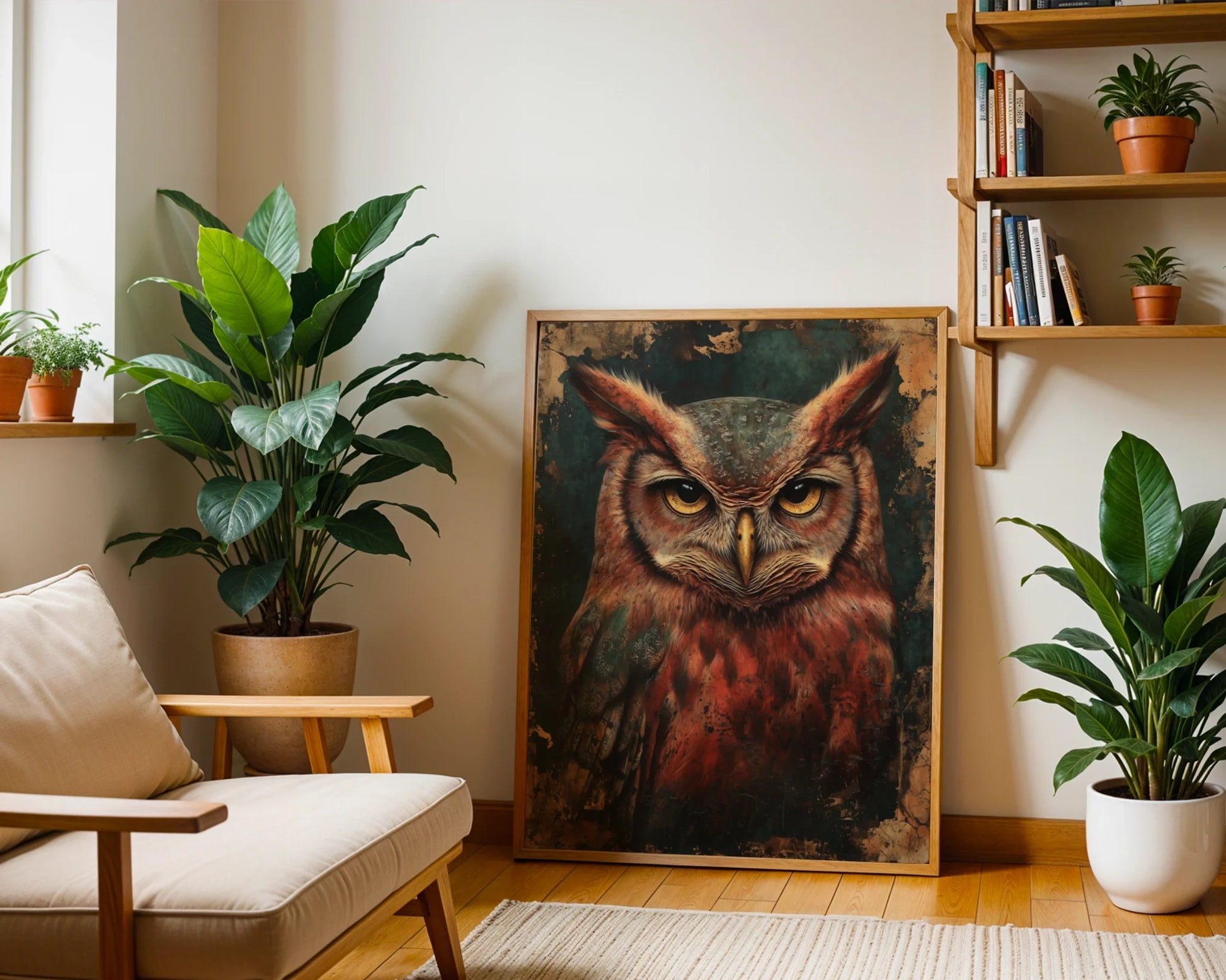 Owl Wall Art Dark Academia Bronze Patina Canvas Wall Art — Scholarly owl portrait with piercing gaze displayed on living room wall for intellectual home decor