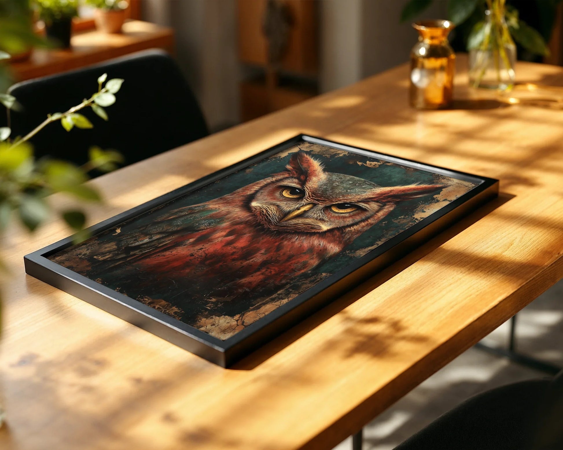 Owl Wall Art Dark Academia Bronze Patina Canvas Wall Art — Mysterious bird canvas featuring oxidized metal finish showcased in minimalist interior design