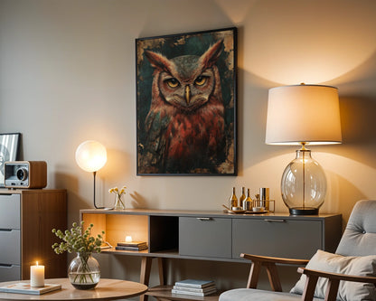 Owl Wall Art Dark Academia Bronze Patina Canvas Wall Art — Atmospheric bird portrait with shadowy depths hanging in contemporary living space decor