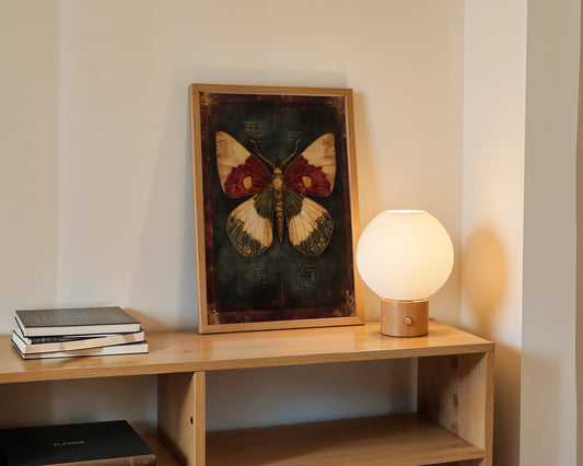 Victorian Moth Specimen Dark Academia Crimson Canvas Wall Art — Moody scholarly canvas featuring detailed insect illustration styled with vintage books for dark academia home decor