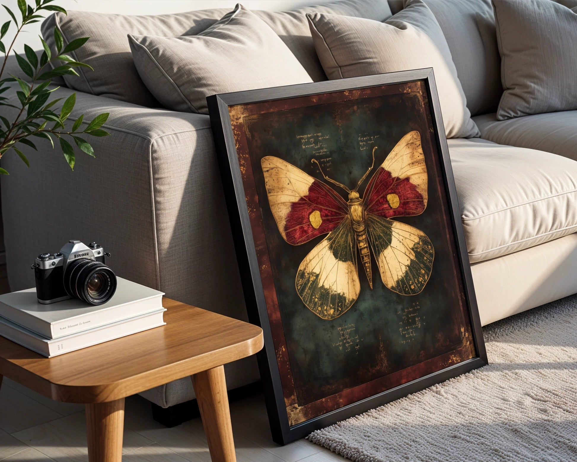 Victorian Moth Specimen Dark Academia Crimson Canvas Wall Art — Scholarly canvas featuring detailed insect diagram with handwritten notes styled in library-inspired home decor