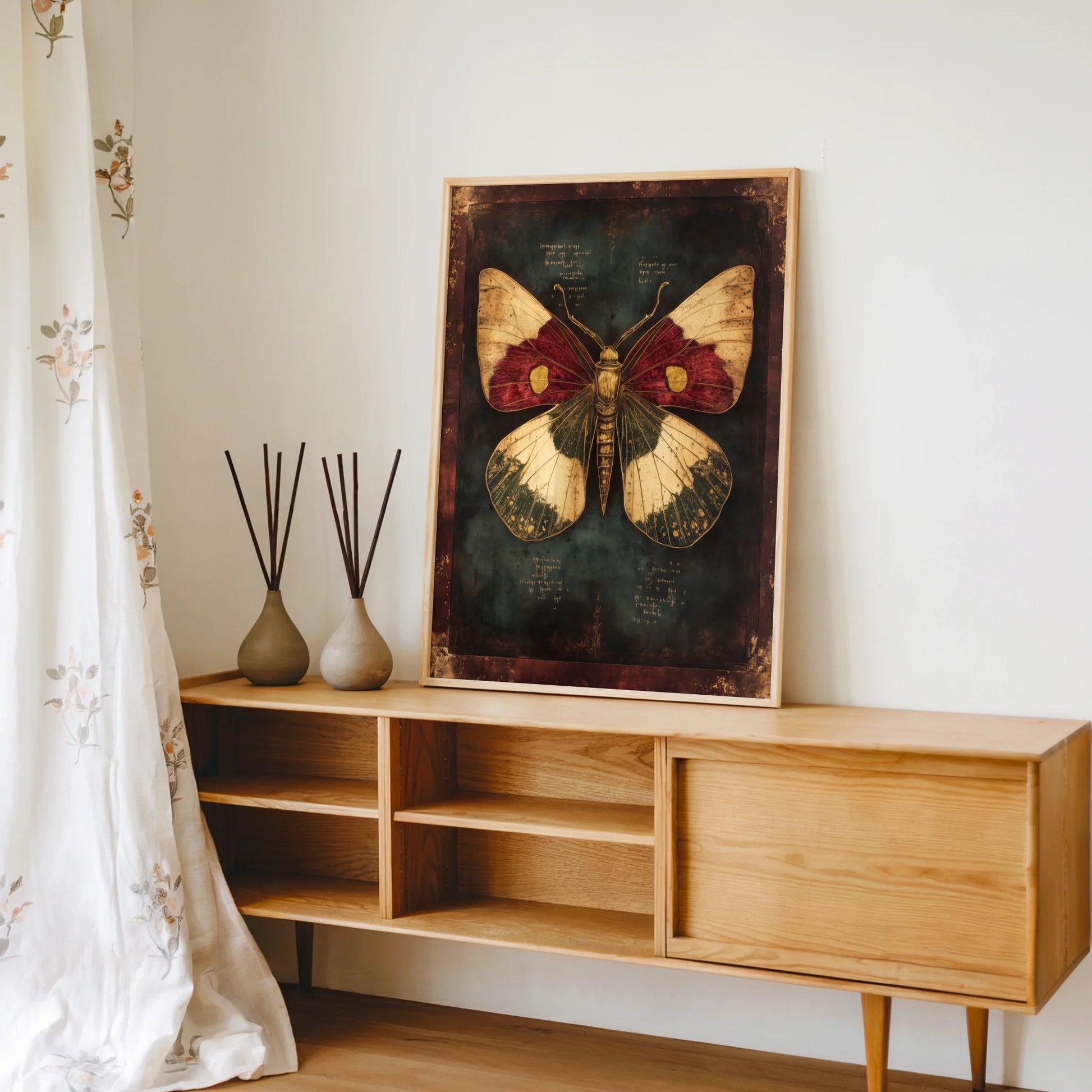 Victorian Moth Specimen Dark Academia Crimson Canvas Wall Art — Deep burgundy canvas with golden-amber highlights displaying weathered parchment texture in warm lighting
